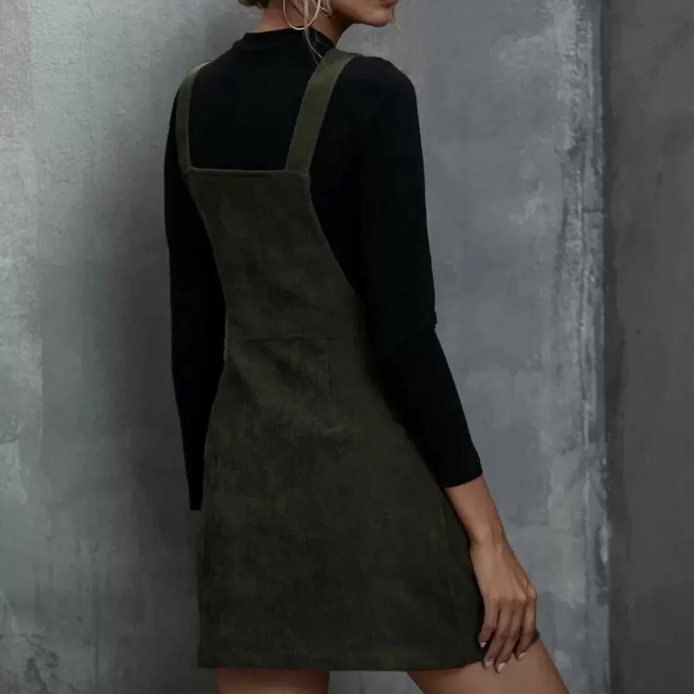 Corduroy zip up boho mini dress sleeveless dark green fall - Picture 2 of 4